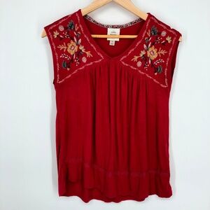 Knox Rose Womens Top Size Small Red Embroidered‎ Flora Sleeveless Boho Crochet